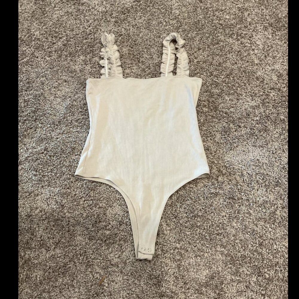Ruffled Strap Tan Bodysuit, Size M